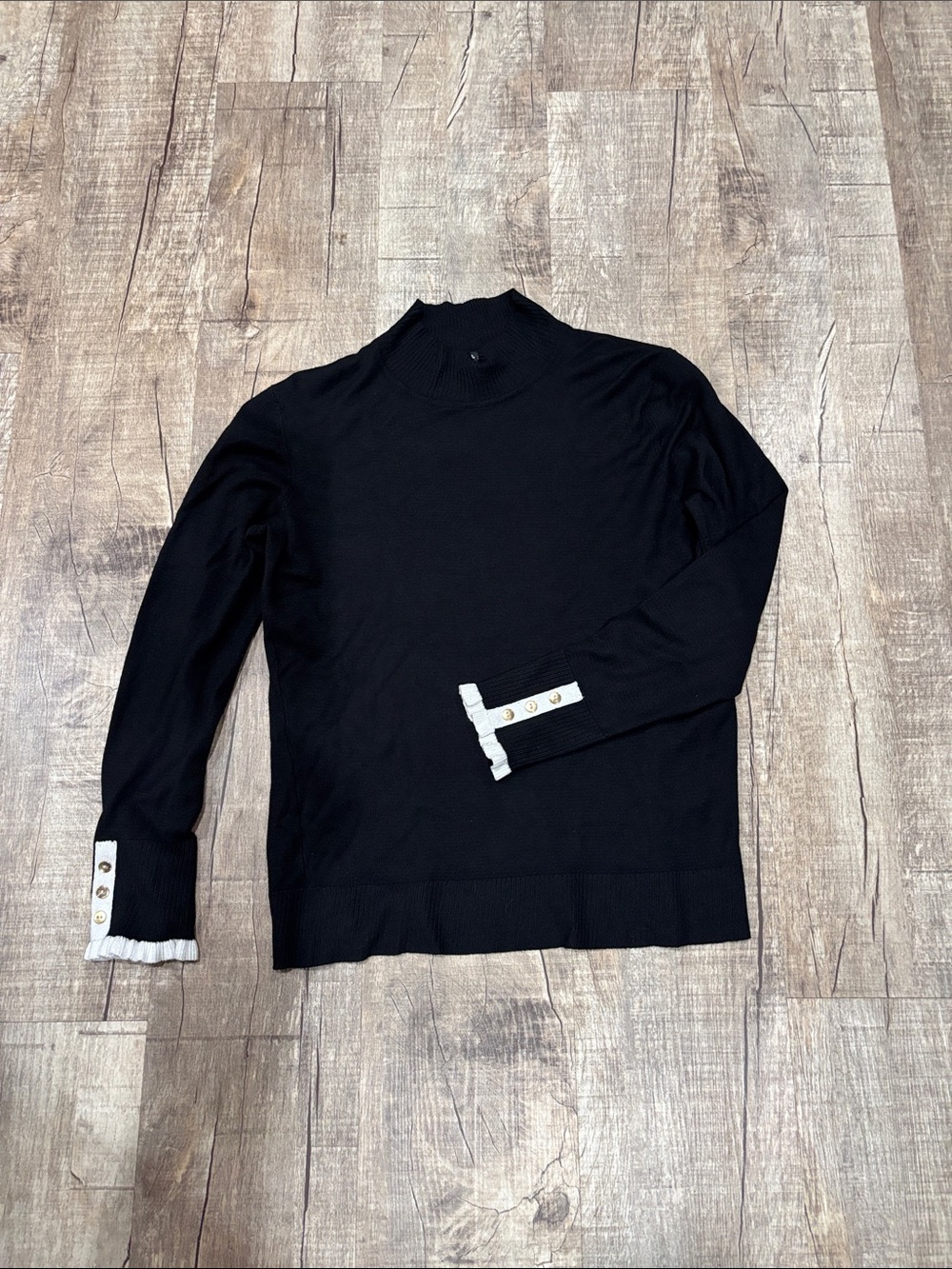 Cable & Gauge Black Turtleneck Sweater with White Cuff Trim and Gold Buttons